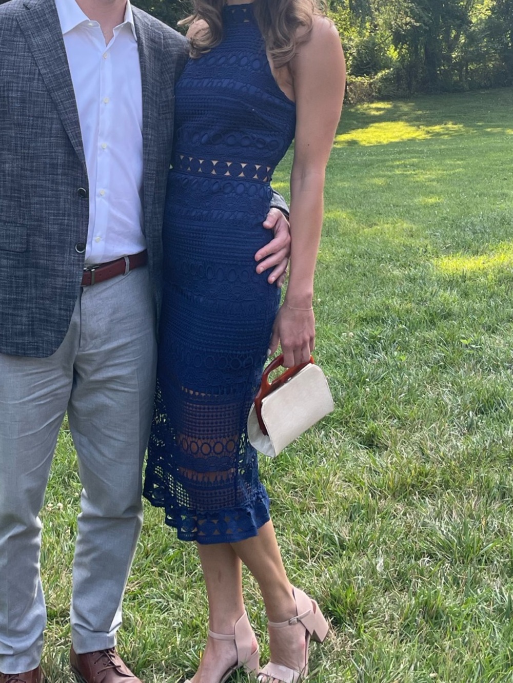 Sleeveless Navy Crochet Midi Dress with High Neck